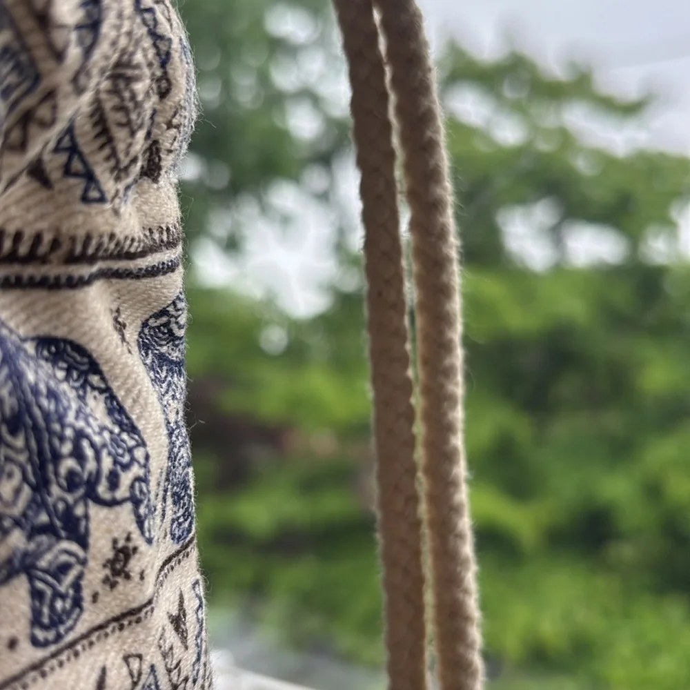 Handmade tum-thai canvas elephant print backpack with rope shoulder straps